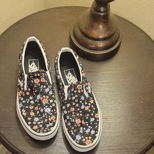 Vans Kids Floral Slip-On Sneakers - Black and Purple Size 5 1/2